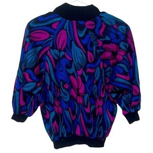 Vintage 80's Black, Purple, Magenta & Teal Knit 3/4 Length Sleeve Sweater Sz S